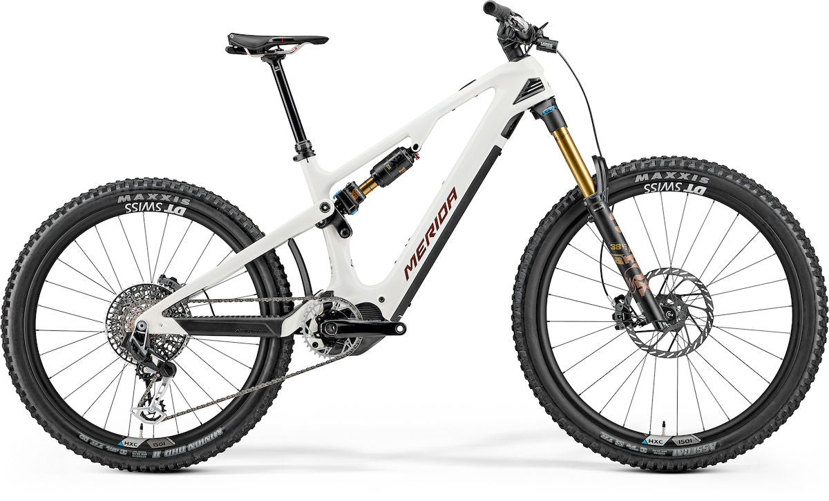 MERIDA eONE-SIXTY 10K – E-MTB Fully, Shimano EP801, 600 Wh, Carbon, Snow White (Bronze Metal)