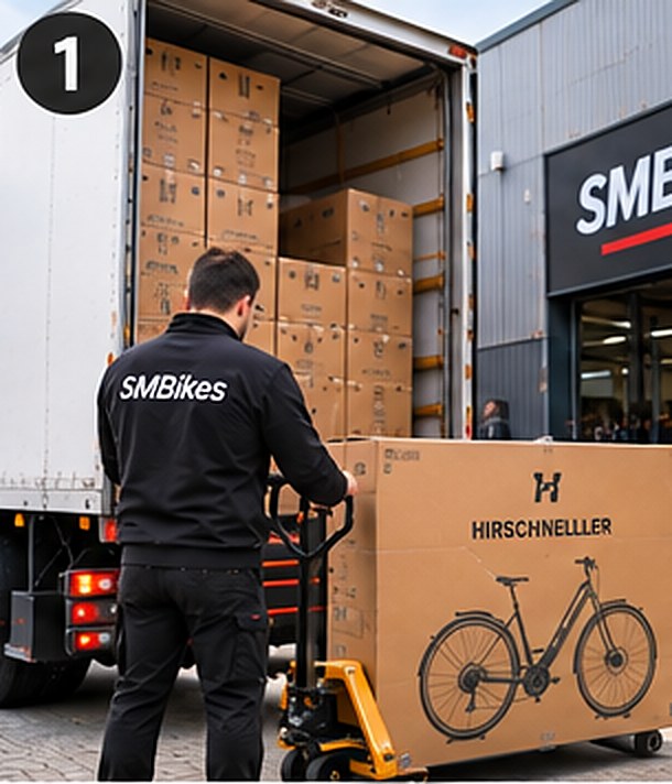 Anlieferung eines verpackten E-Bikes bei SMBikes in Geretsried