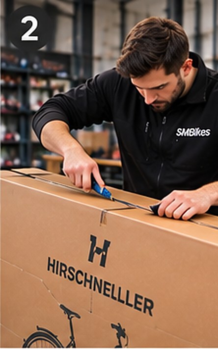 SMBikes Mechaniker öffnet den Transportkarton eines E-Bikes