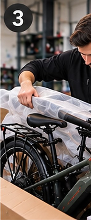 E-Bike wird in der Werkstatt ausgepackt und von der Schutzfolie befreit
