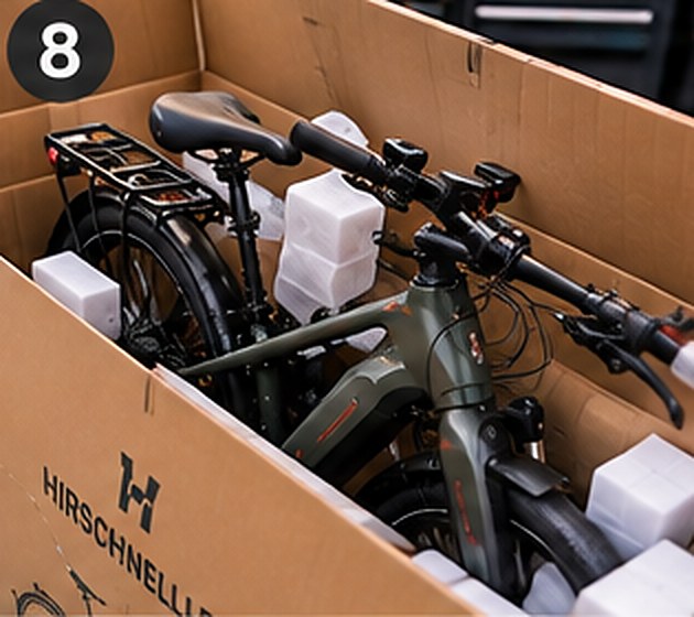 E-Bike sicher gepolstert im Fahrradkarton verpackt
