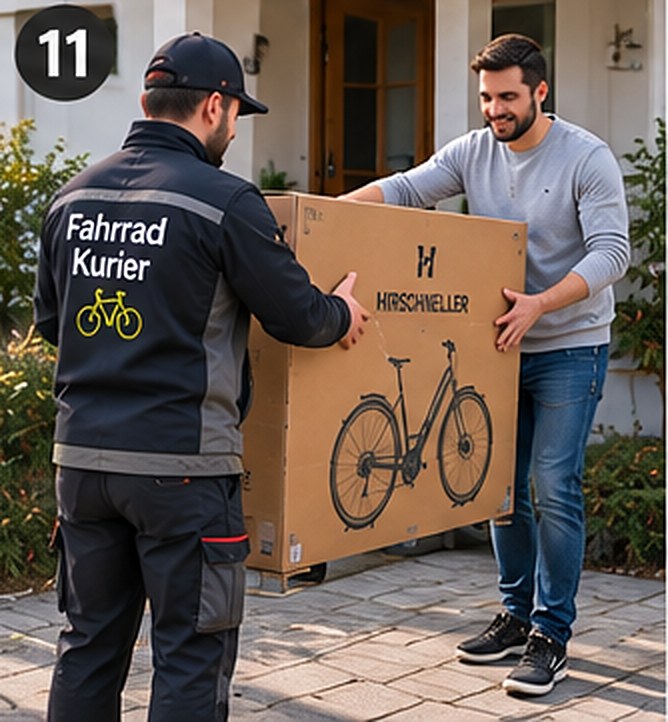Fahrradkurier übergibt den E-Bike-Karton an der Haustür