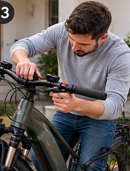 Kunde richtet den Lenker des E-Bikes aus und zieht ihn fest